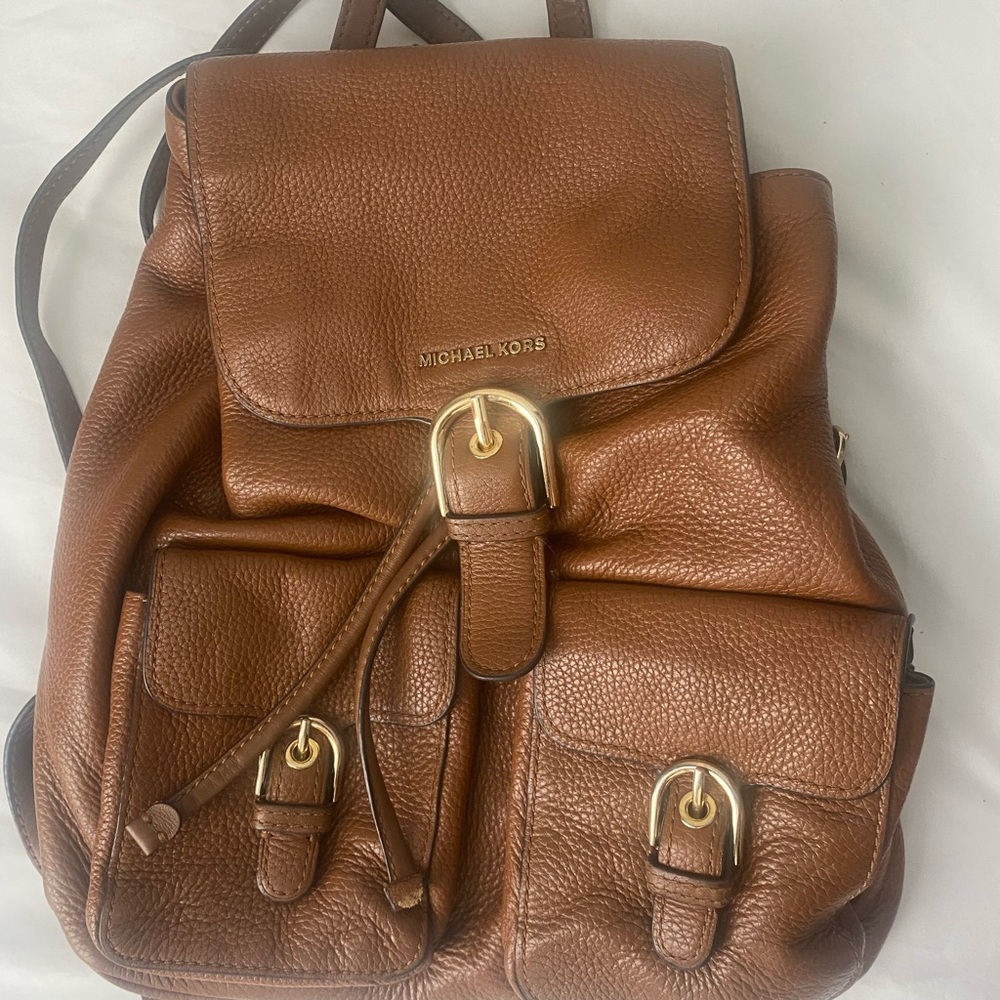 Michael Kors Tan Leather Backpack with Gold Accent + Michael Kors tan wallet +